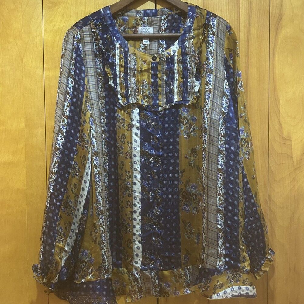 LOGO Lori Goldstein Semi Sheer Multicolor Ruffle Tunic/Blouse-Sz 1X-Flowy-Boho‎